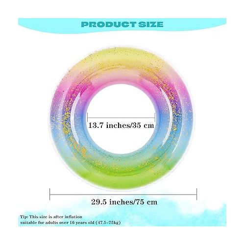  Elcoho 8 Pieces 36 Inches Inflatable Pool Floats Colorful Glitter Pool Tubes Transparent Swimming Ring Pool Floats Toy for Summer Beach, Pool Supplies