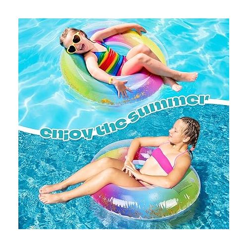  Elcoho 8 Pieces 36 Inches Inflatable Pool Floats Colorful Glitter Pool Tubes Transparent Swimming Ring Pool Floats Toy for Summer Beach, Pool Supplies