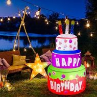 Elcoho 4 Feet Giant Inflatable Happy Birthday Cake Large Birthday Party Inflatable Yard Decor Outdoor Decoration with Fan Blower and LED Lights for Home Garden Party Favor Decorati