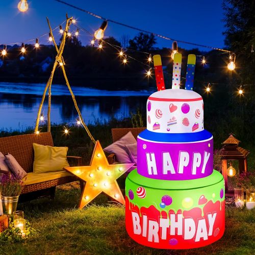  할로윈 용품Elcoho 4 Feet Giant Inflatable Happy Birthday Cake Large Birthday Party Inflatable Yard Decor Outdoor Decoration with Fan Blower and LED Lights for Home Garden Party Favor Decorati