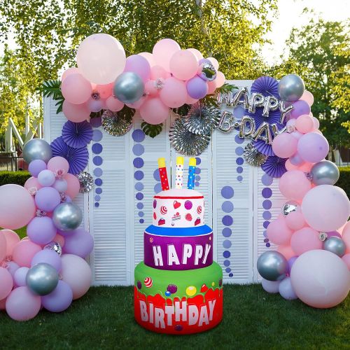  할로윈 용품Elcoho 4 Feet Giant Inflatable Happy Birthday Cake Large Birthday Party Inflatable Yard Decor Outdoor Decoration with Fan Blower and LED Lights for Home Garden Party Favor Decorati