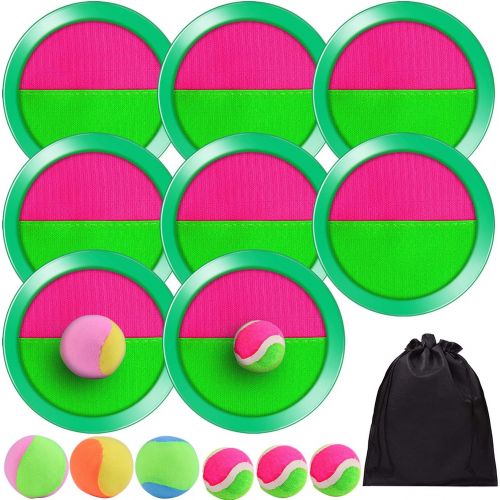  ELCOHO 6.1 Inches Toss and Catch Sports Game Set Adjustable Self-Stick Paddles and Toss Ball Sports with Storage Bag for Outdoor Activities, 4 Paddles and 6 Balls, Green