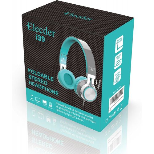  [아마존베스트]ELECDER Elecder i39 Headphones with Microphone Foldable Lightweight Adjustable On Ear Headsets with 3.5mm Jack for iPad Cellphones Computer MP3/4 Kindle Airplane School (Mint/Gray)
