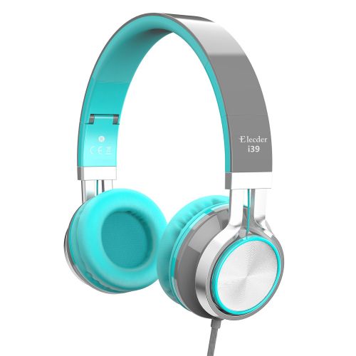  Elecder i39 Headphones with Microphone Foldable Lightweight Adjustable On Ear Headsets with 3.5mm Jack for iPad Cellphones Computer MP3/4 Kindle Airplane School (Mint/Gray)