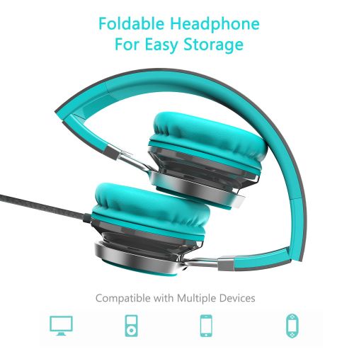  Elecder i39 Headphones with Microphone Foldable Lightweight Adjustable On Ear Headsets with 3.5mm Jack for iPad Cellphones Computer MP3/4 Kindle Airplane School (Mint/Gray)