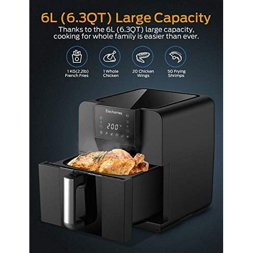  Elechomes Hot Air Fryer, 6L XXL 1700W Deep Fryer Hot Air with Digital LED Touch Screen, Preheating & Shake Function, Double Fan, Timer & Temperature Control, BPA Free, 120 Recipe B