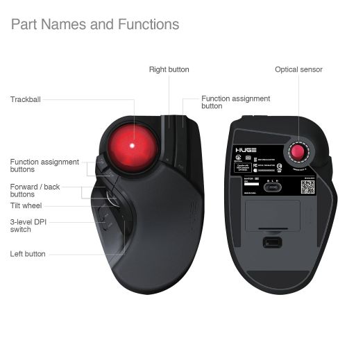  ELECOM M-HT1URBK Wired Trackball Mouse Larger, Ergonomic Design, 8-Button Function with Smooth Tracking, Precision Optical Gaming Sensor for Home, Work, Office