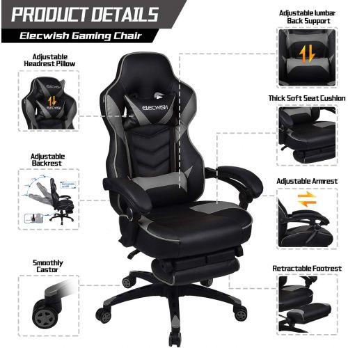  [아마존 핫딜]  [아마존핫딜]ELECWISH Racing Video Gaming Chair High Back Large Size Ergonomic Adjustable Swivel Reclining Executive Computer Chair with Headrest and Lumbar Support PU Leather Executive Office Chair Gre