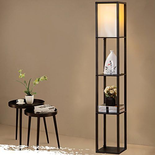  [아마존 핫딜] ELECWISH USIL10082 Shelf Floor Lamp with Linen Shade, UL Listed, Wooden Frame, Switch On/Off, Etagere Organizer Shelf, 63 H, Black