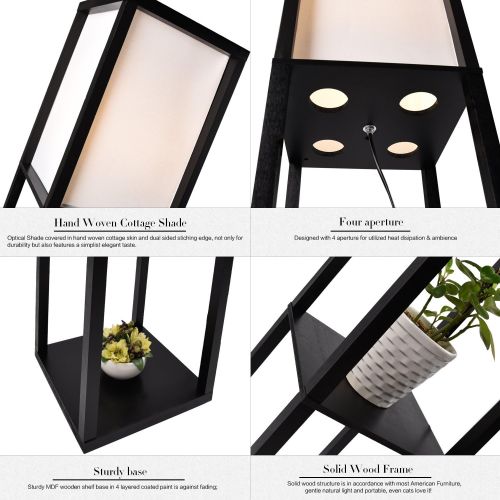  [아마존 핫딜] ELECWISH USIL10082 Shelf Floor Lamp with Linen Shade, UL Listed, Wooden Frame, Switch On/Off, Etagere Organizer Shelf, 63 H, Black