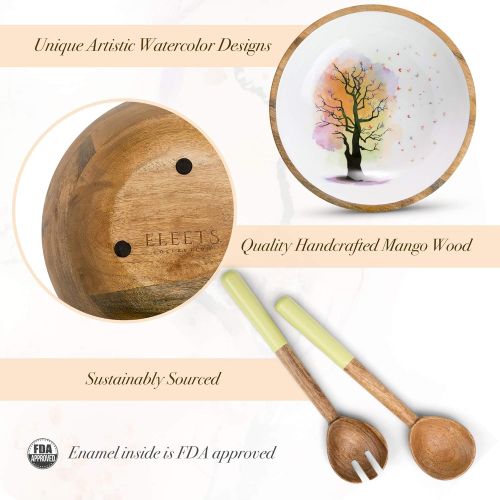  ELEETS COLLECTION Wood Salad Bowl Set with Servers - Large 12 Inch Round Mango Wood Serving Bowl with Spoons for Soups, Fruit, Pasta, Caesar, Tossed, and Mixed Salads | Natural Mango Wood Serving Bo