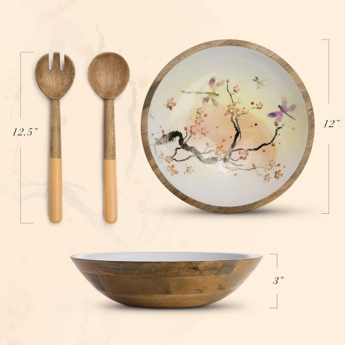  ELEETS COLLECTION Wood Salad Bowl Set with Servers - Large 12 Inch Round Mango Wood Serving Bowl with Spoons for Soups, Fruit, Pasta, Caesar, Tossed, and Mixed Salads | Natural Mango Wood Serving Bo