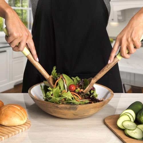  ELEETS COLLECTION Wood Salad Bowl Set with Servers - Large 12 Inch Round Mango Wood Serving Bowl with Spoons for Soups, Fruit, Pasta, Caesar, Tossed, and Mixed Salads | Natural Mango Wood Serving Bo