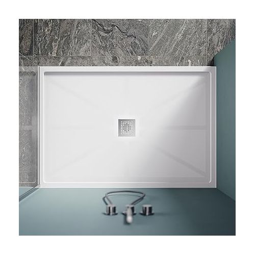  ELEGANT 48'' L x 32'' W x 4'' H Single Threshold Shower Base, Non-Slip Shower Pan in White, Center Drain, Stainless Steel Shower Drain Cover Included