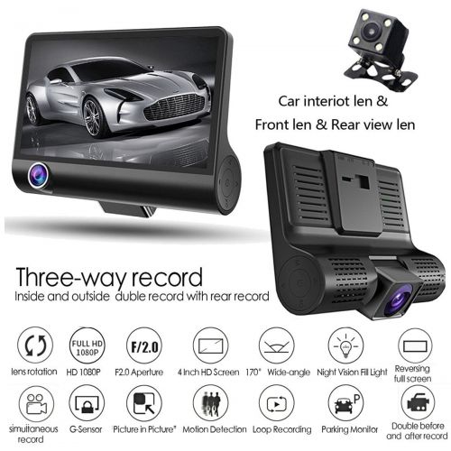  ELEGIANT FHD 1080P Night Vision 360° 3 Lens Dual Dash WDR Cam Car Vehicle Dashboard Camera DVR Recorder Front Rear And Interior Cameras ,Driving Recorder ,4.0  IPS Screen 170°Wide Angle
