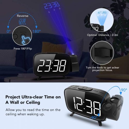  [아마존 핫딜]  [아마존핫딜]ELEGIANT Projection Alarm Clock, FM Radio Alarm Clock, 6.0 LED Curved-Screen Display with Dimmer 180° Adjustable Dual Alarm, 12/24Hour, Battery Backup, 7 Alarm Sounds with USB Char