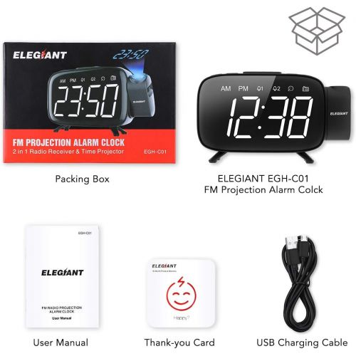  [아마존 핫딜]  [아마존핫딜]ELEGIANT Projection Alarm Clock, FM Radio Alarm Clock, 6.0 LED Curved-Screen Display with Dimmer 180° Adjustable Dual Alarm, 12/24Hour, Battery Backup, 7 Alarm Sounds with USB Char