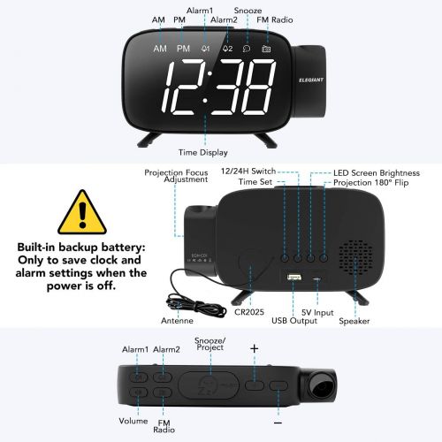  [아마존 핫딜]  [아마존핫딜]ELEGIANT Projection Alarm Clock, FM Radio Alarm Clock, 6.0 LED Curved-Screen Display with Dimmer 180° Adjustable Dual Alarm, 12/24Hour, Battery Backup, 7 Alarm Sounds with USB Char