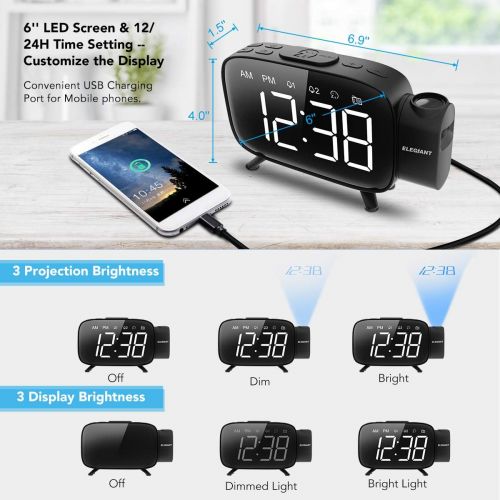  [아마존 핫딜]  [아마존핫딜]ELEGIANT Projection Alarm Clock, FM Radio Alarm Clock, 6.0 LED Curved-Screen Display with Dimmer 180° Adjustable Dual Alarm, 12/24Hour, Battery Backup, 7 Alarm Sounds with USB Char