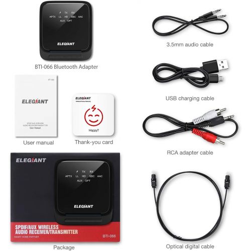  [아마존 핫딜] [아마존핫딜]ELEGIANT Bluetooth 5.0 Transmitter Receiver, Wireless Audio Adapter Pair 2 at Once aptX HD/aptX LL with LED Indicator, Built-in Microphone, Optical TOSLINK/3.5mm AUX/RCA for TV Car