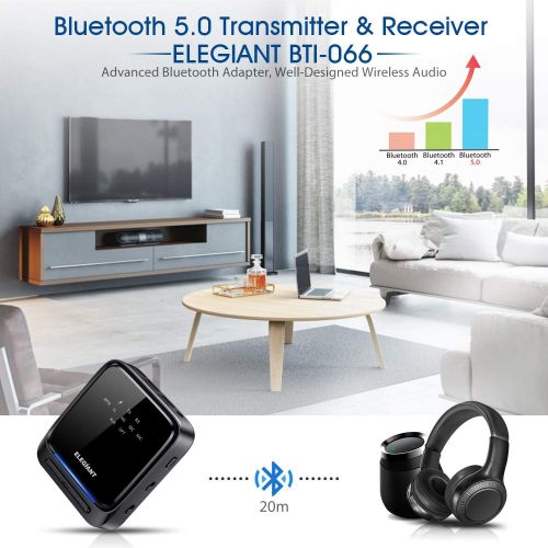  [아마존 핫딜] [아마존핫딜]ELEGIANT Bluetooth 5.0 Transmitter Receiver, Wireless Audio Adapter Pair 2 at Once aptX HD/aptX LL with LED Indicator, Built-in Microphone, Optical TOSLINK/3.5mm AUX/RCA for TV Car