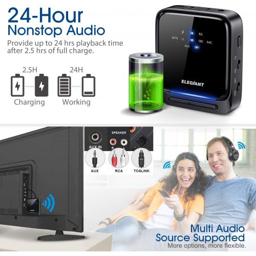  [아마존 핫딜] [아마존핫딜]ELEGIANT Bluetooth 5.0 Transmitter Receiver, Wireless Audio Adapter Pair 2 at Once aptX HD/aptX LL with LED Indicator, Built-in Microphone, Optical TOSLINK/3.5mm AUX/RCA for TV Car