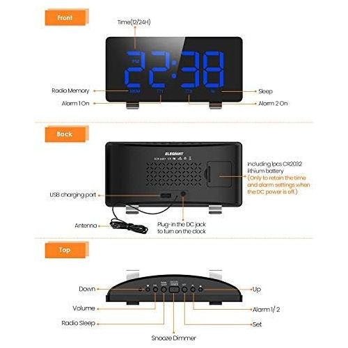  [아마존 핫딜] Digital Alarm Clock, ELEGIANT Alarm Clocks for Bedrooms with FM Radio, Dual Alarms, 6.7 LED Screen, USB Port for Charging, 4 Brightness, 12/24H, Automatic Dimmer, Snooze Digital Cl