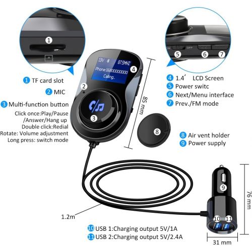  [아마존베스트]Bluetooth FM Transmitter, ELEGIANT FM Transmitter Radio Adapter Hands-Free Car Kit with 1.4 Inch Display,Supports TF Card Slot & Dual USB Charging Ports,Safe Driving with One Key C