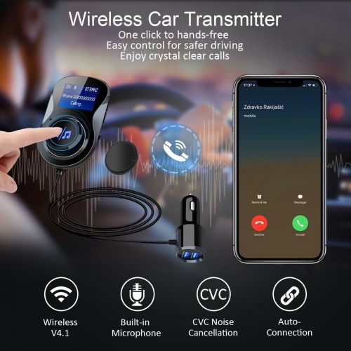  [아마존베스트]Bluetooth FM Transmitter, ELEGIANT FM Transmitter Radio Adapter Hands-Free Car Kit with 1.4 Inch Display,Supports TF Card Slot & Dual USB Charging Ports,Safe Driving with One Key C