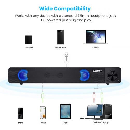  [아마존 핫딜] [아마존핫딜]PC Lautsprecher, ELEGIANT USB Computer Lautsprecher Portable mini Soundbar tragbar Subwoofer Wired LED Musikbox boombox mit Dual Treiber rein bass fuer PC Computer, Laptop, Notebook