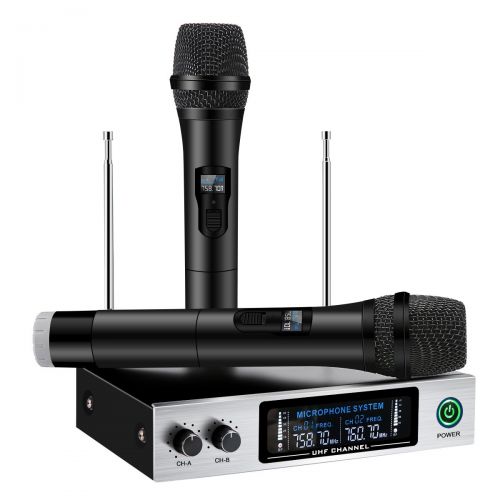  UHF Wireless Microphone System, ELEGIANT Dual Channel Handheld HiFi Wireless Microphones Karaoke Receiver Metal Professional Singing Machine for Speech Conference Outdoor KTV