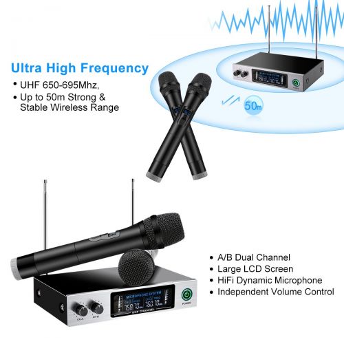  UHF Wireless Microphone System, ELEGIANT Dual Channel Handheld HiFi Wireless Microphones Karaoke Receiver Metal Professional Singing Machine for Speech Conference Outdoor KTV