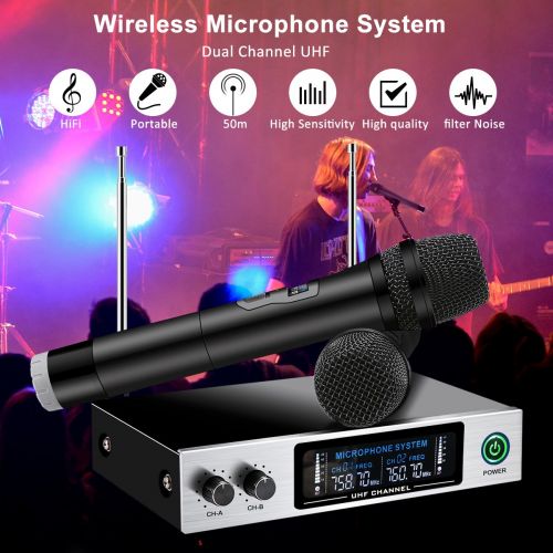  UHF Wireless Microphone System, ELEGIANT Dual Channel Handheld HiFi Wireless Microphones Karaoke Receiver Metal Professional Singing Machine for Speech Conference Outdoor KTV