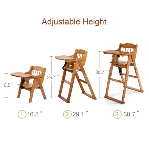 ELENKER Wood Baby High Chair with Tray. 3 Gear Adjustable Height Foldable Feeding Baby Highchair