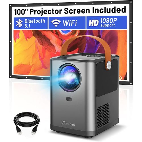  ELEPHAS [2022 Upgraded] Mini WiFi Bluetooth Projector, ELLEPHAS 1080P Full HD Supported Movie Projector, Home Theater Projector with 100 Projector Screen & Zoom, Compatible with Android/iO
