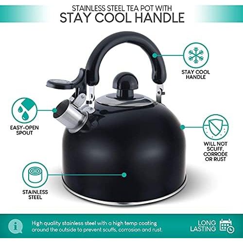  [아마존베스트]ELITRA HOME ELITRA Whistling Tea Kettle - Stainless Steel Tea Pot with Stay Cool Handle - 2.6 Quart / 2.5 Liter - (BLACK)