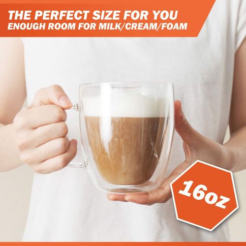  [아마존베스트]Large Coffee Mugs, Double Wall Glass Set of 2, 16 oz - Dishwasher & Microwave Safe - Clear, Unique & Insulated with Handle, By Elixir Glassware (16 oz)