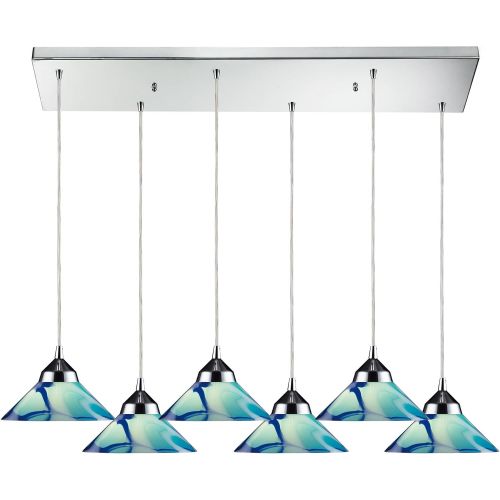  ELK Elk 14776RC-CAR Refraction 6-Light Pendant with Caribbean Glass Shade, 30 by 9-Inch, Polished Chrome Finish