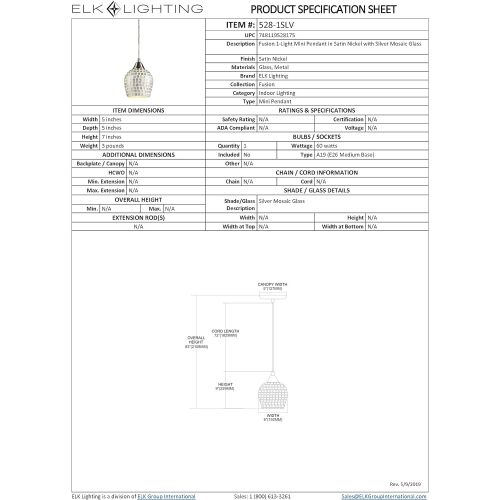  ELK Elk 528-1SLV 1-Light Pendant In Satin Nickel And Silver Mosaic Glass