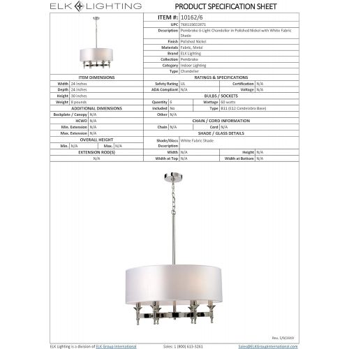  ELK Elk 101626 Pembroke 6-Light Chandelier In Polished Nickel