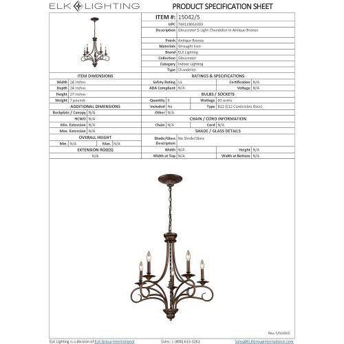  ELK Elk 150425 Gloucester 5-Light Chandelier In Antique Bronze