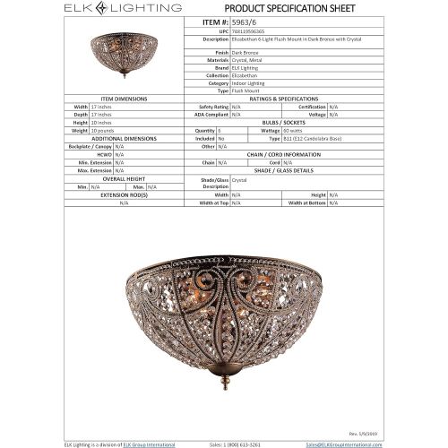  ELK Elk Elizabethan 6-Light Flush-Mount Ceiling Fixture, Dark Bronze