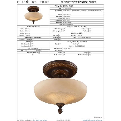  ELK Elk 08094-Agb Restoration 3-Light Semi-Flush Mount, 15-Inch, Golden Bronze