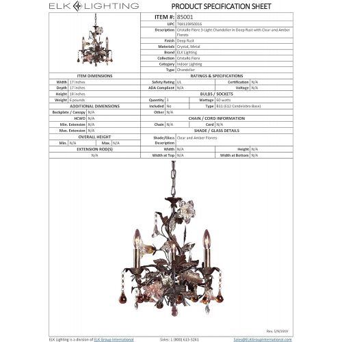  ELK Elk 85001 3-Light Chandelier In Deep Rust And Hand Blown Florets