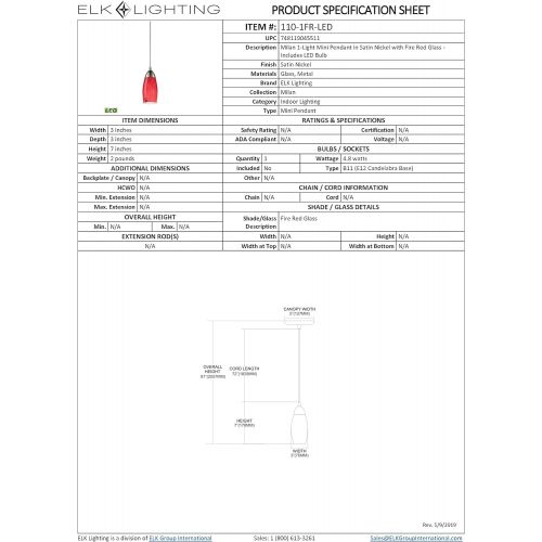  ELK Elk 110-1FR-LED Milan 1-LED Light Mini Pendant with Fire Red Martini Glass Shade, 3 by 7-Inch, Satin Nickel Finish