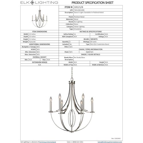  ELK Elk 101216 Dione 6-Light Chandelier In Polished Nickel