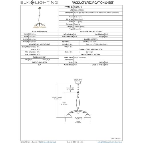  ELK Elk 76365 5-Light Chandelier In Satin Nickel and Marbleized White Glass