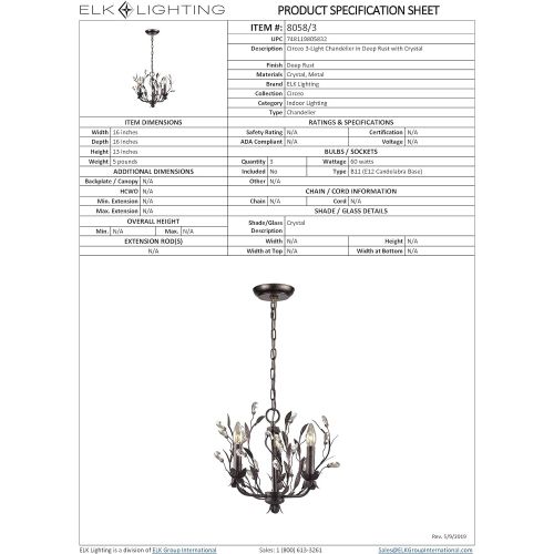  ELK Elk 80583 3-Light Chandelier In Deep Rust and Crystal Droplets