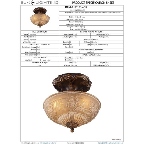  ELK Elk 08103-Agb Restoration 3-Light Semi-Flush Mount, 10-Inch, Golden Bronze