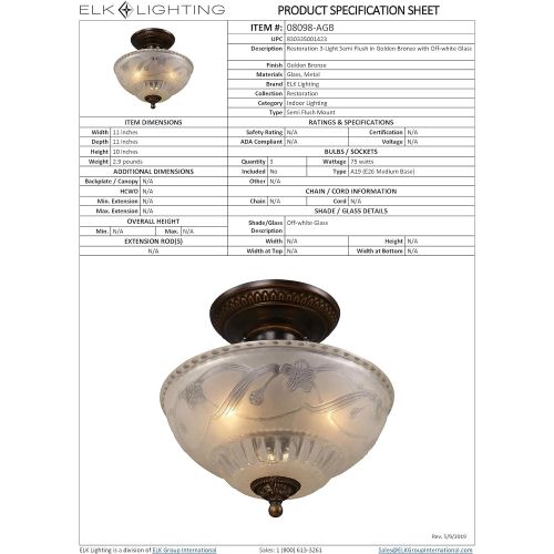  ELK Elk 08097-Agb Restoration 3-Light Semi-Flush Mount, Golden Bronze, 9-Inch H By 10-Inch W